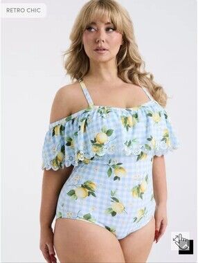 Torrid Retro Chic Off-Shoulder One Piece Swimsuit lemons light blue plaid Sz 0x